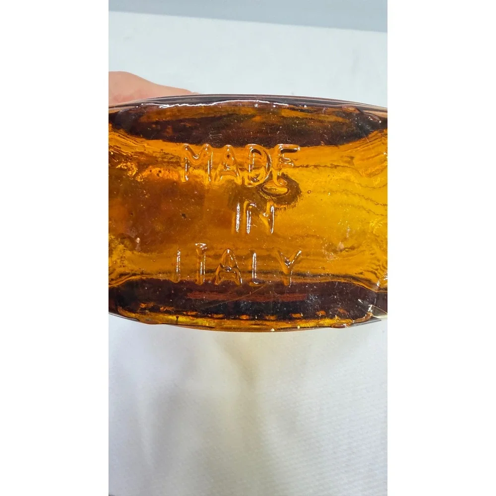 Vintage Amber Glass Bull Decanter Made in Italy Cork Stopper Round Bottle 8.5in